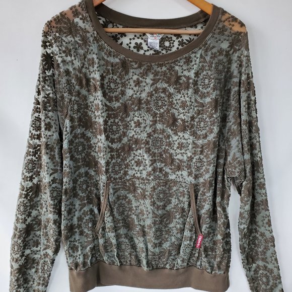 Hard Tail Sheer Lace Raglan Pullover, Army Green Top, USA, Floral $145 - Picture 3 of 11
